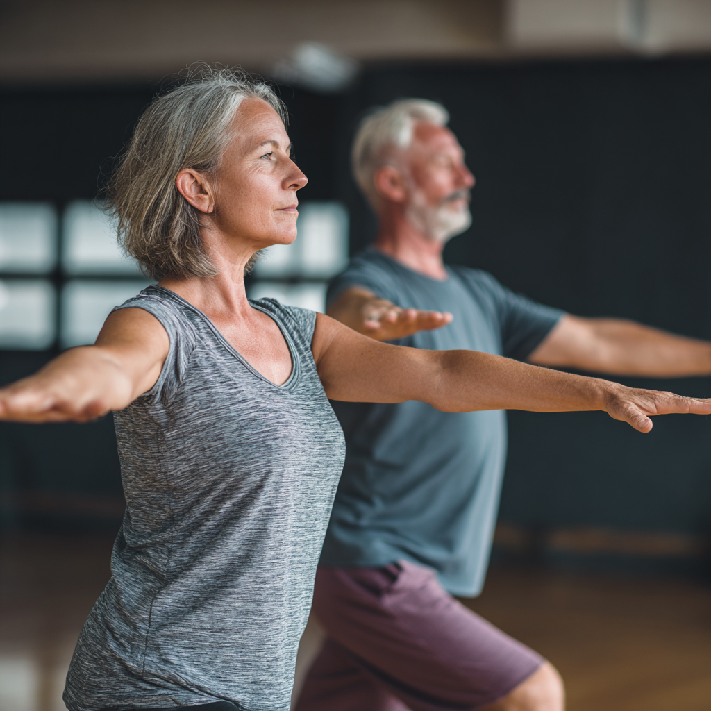 Middle-aged adults practicing gentle stability exercises in a calm fitness environment