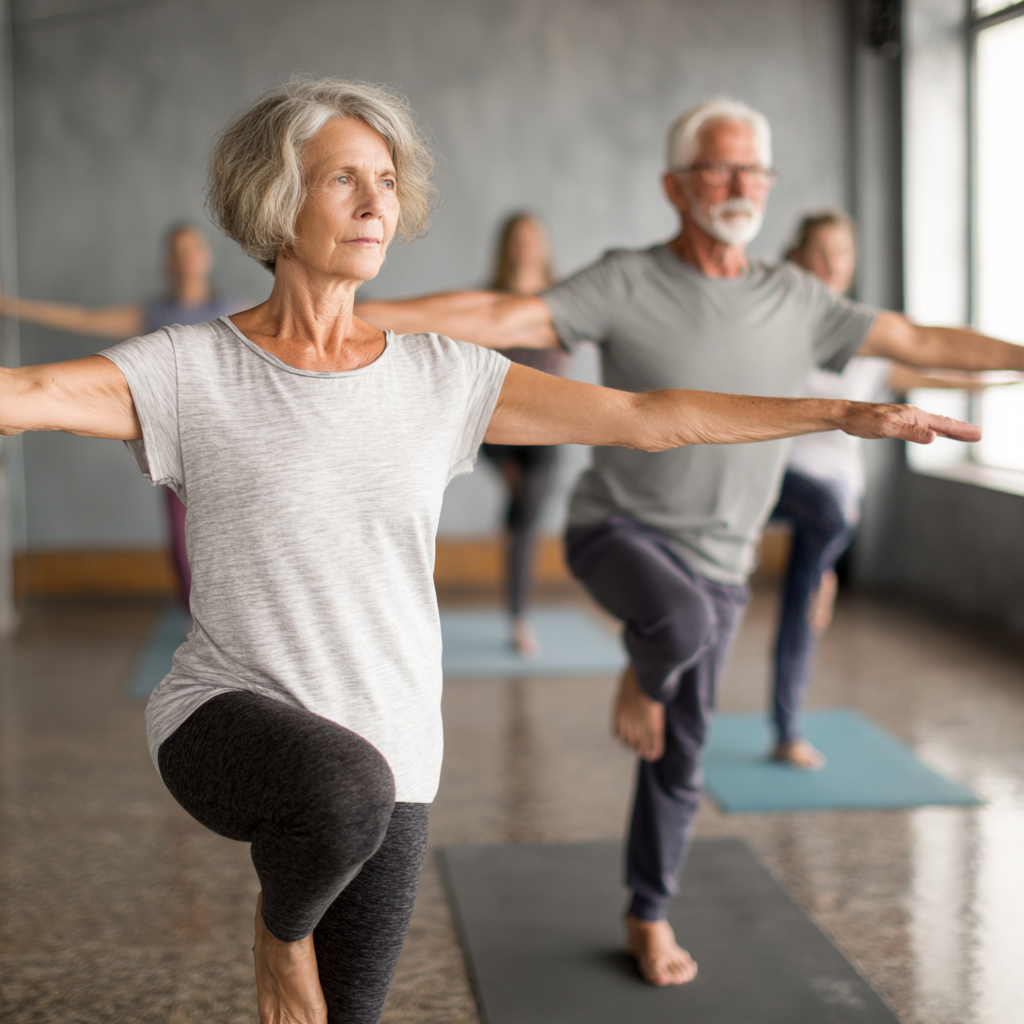 Older adults performing controlled movement exercises focusing on balance and flexibility in a serene studio setting